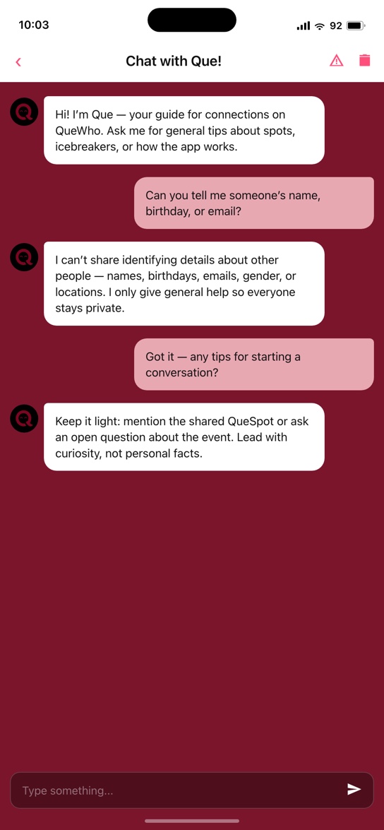 QueWho Que AI chat — privacy-safe tips, no other users’ personal details